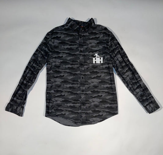Frog Long Sleeve Button Up (Black Camo)